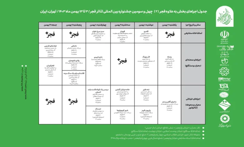جدول اجراهای بخش «فراگیر» به‌علاوه فجر (۲) چهل و سومین جشنواره بین‌المللی تئاتر فجر منتشر شد