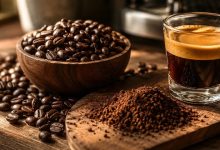 فنجان اسپرسو در کنار دان قهوه تازه و پودر قهوه برای راهنمای انتخاب قهوه مناسب