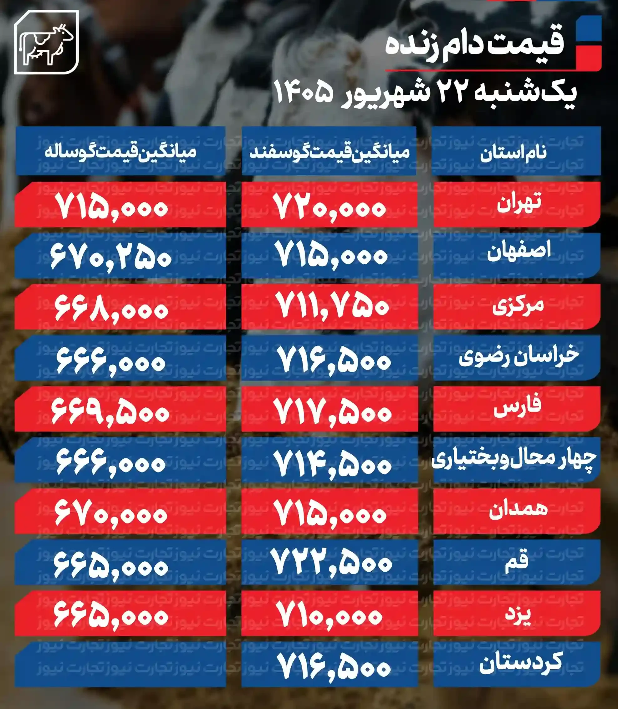 قیمت دام زنده امروز 22 شهریور ۱۴۰۵ / نرخ گوساله و گوسفند بالا رفت + جدول قیمت دام زنده امروز 22 شهریور ۱۴۰۵ / نرخ گوساله و گوسفند بالا رفت + جدول