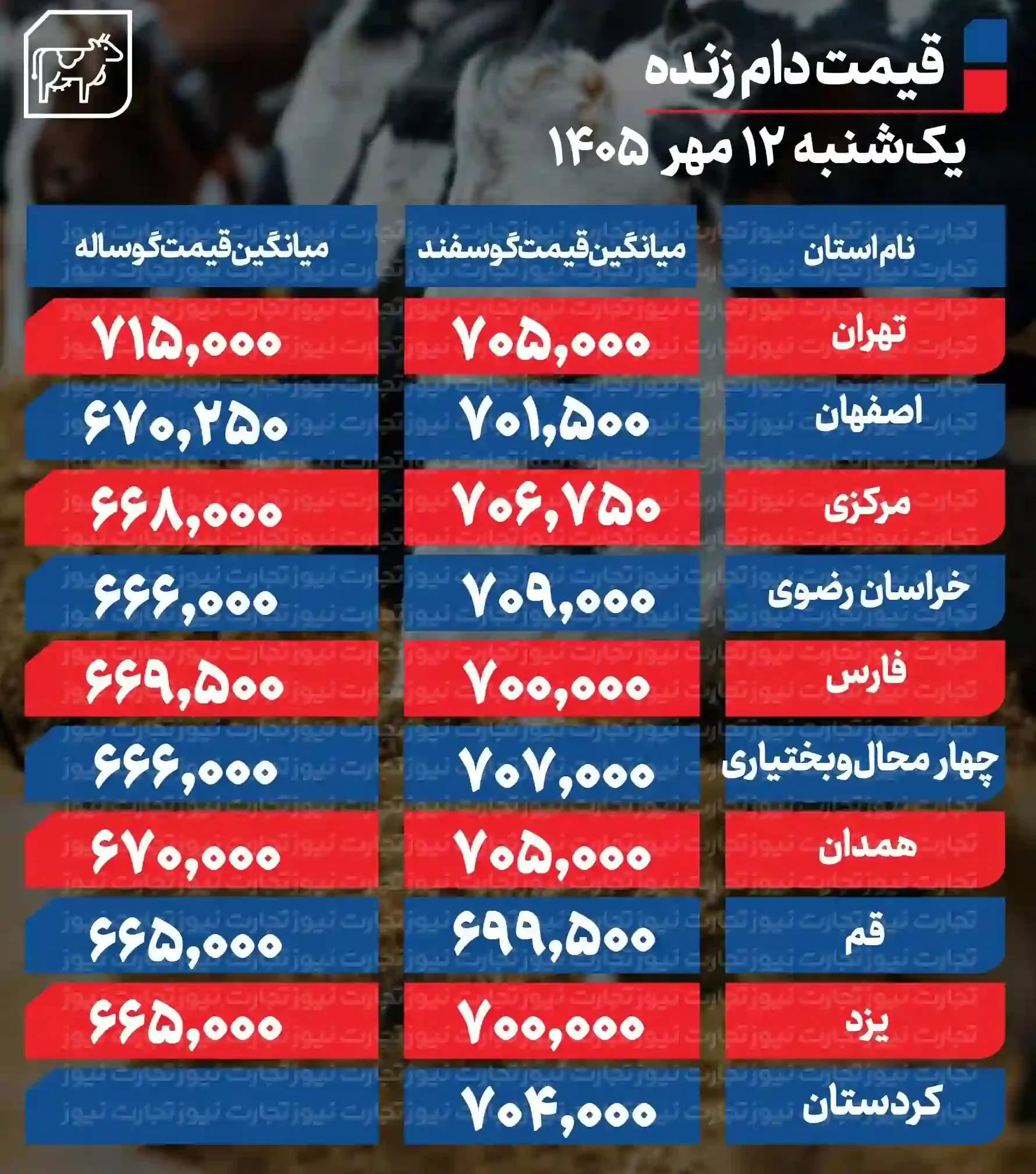 قیمت روز دام زنده امروز ۱۲ مهر ۱۴۰۵؛ نرخ گوسفند و گوساله + جدول قیمت روز دام زنده امروز ۱۲ مهر ۱۴۰۵؛ نرخ گوسفند و گوساله + جدول