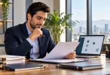 مدیر کسب_وکار در حال بررسی قرارداد و ریسک_های حقوقی